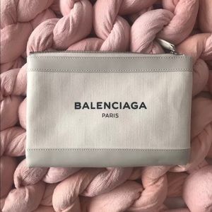 Balenciaga Beige Clip Leather Canvas Pouch NEW 550